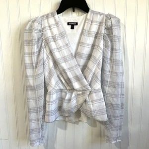 Express Shirt Womens‎ XS Black White Long Sleeve Blouse Faux Wrap Peplum Hem
